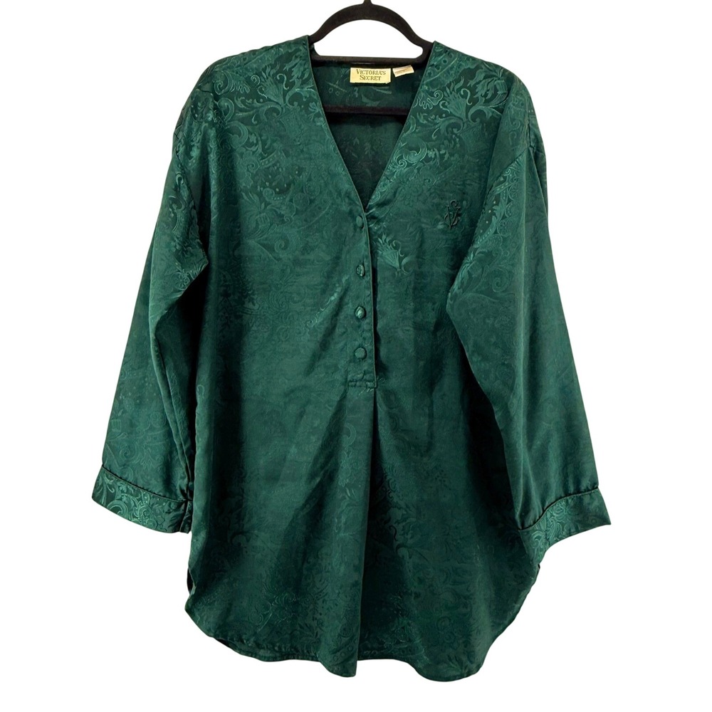 Vintage Victorias Secret Gold Label Emerald Green Paisley Satin Sleep Shirt M